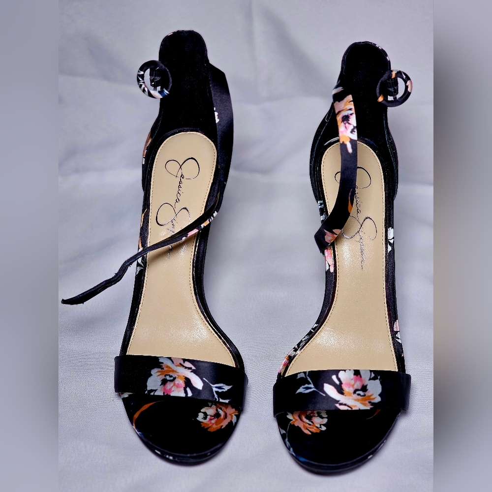 Jessica Simpson Black Floral Ankle-Strap Heels | Size 9.5